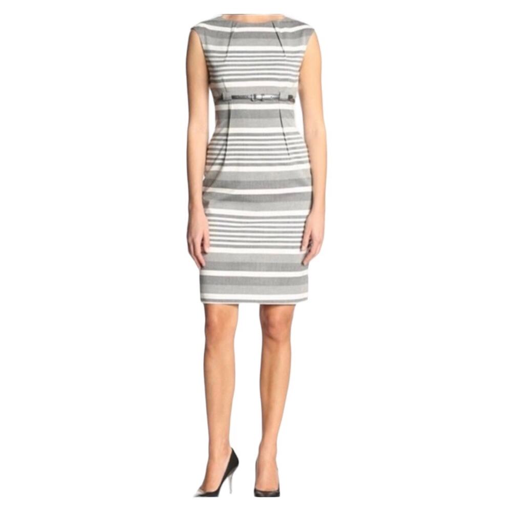 Calvin Klein Gray and White Striped Midi Sheath Dress